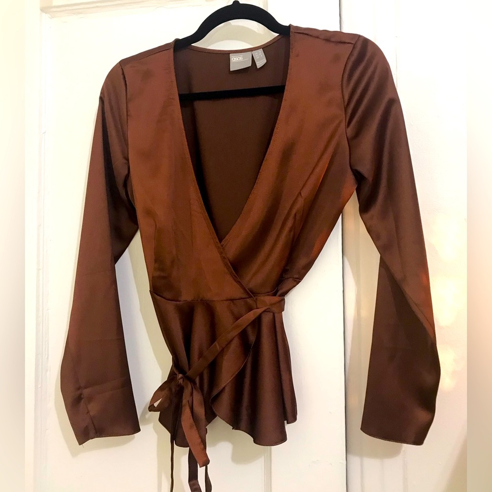 ASOS long sleeve wrap satin peplum top, NWOT.